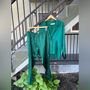 Victoria's Secret Gold Label Green Silk Pajama Set 90's Vintage Holiday Sz Sm